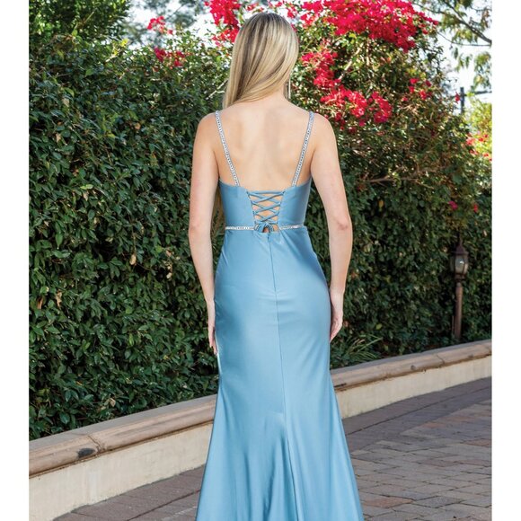 New Rhinestones Embellihsed Maxi Graduation Satin Dress w/ Lace Up Back DQ 4271 - Picture 6 of 8